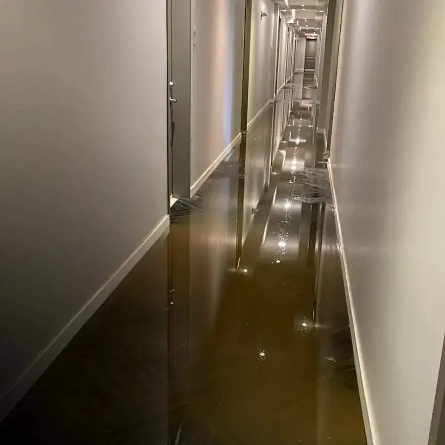 Standing water in a flooded Enfield, CT hallway